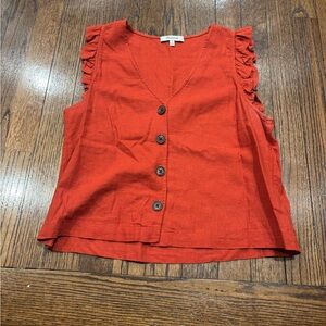 Madewell Rust Red Linen-Blend Button Front Ruffle Sleeve Tank